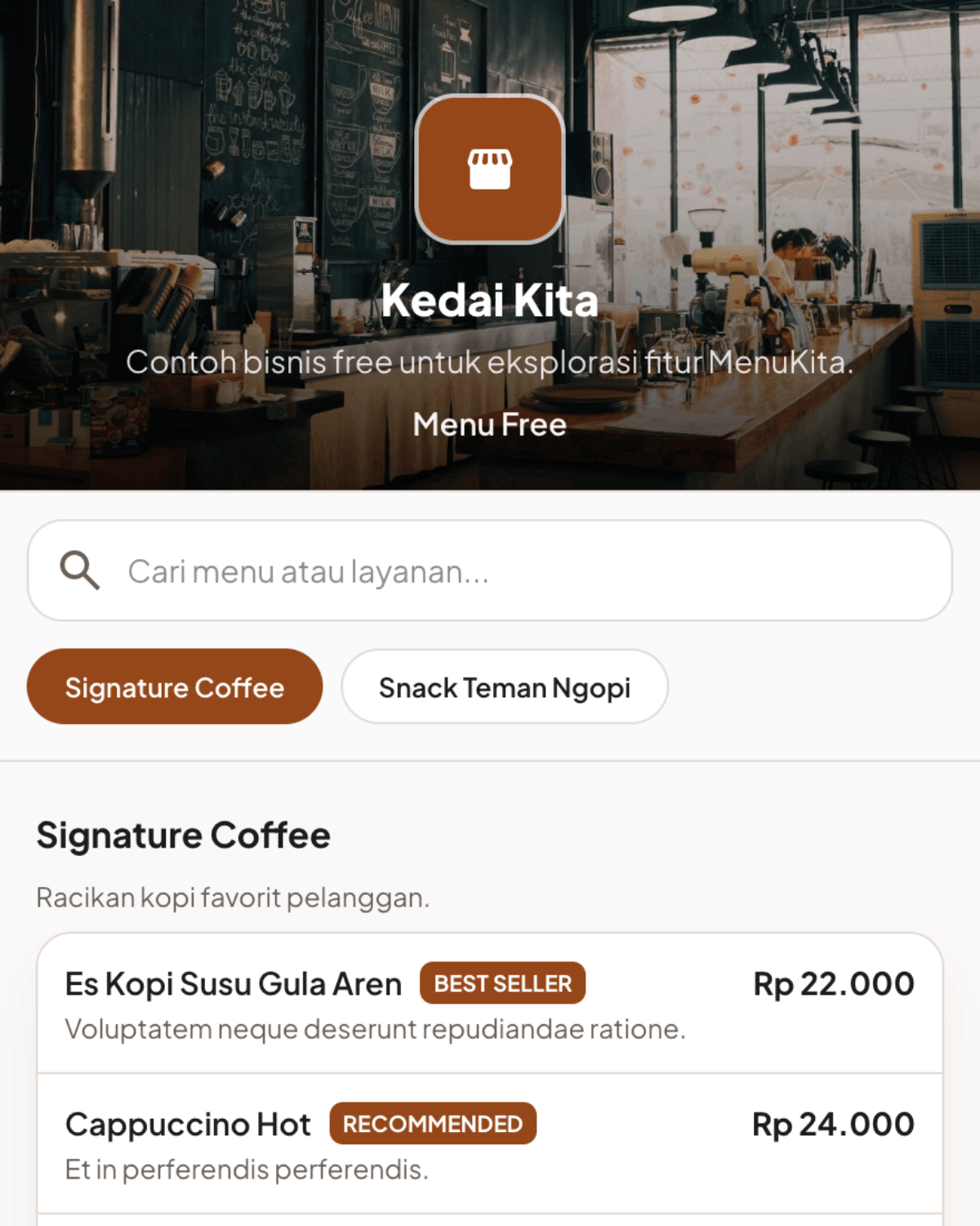 Tampilan QR menu Menu Kita di HP pelanggan